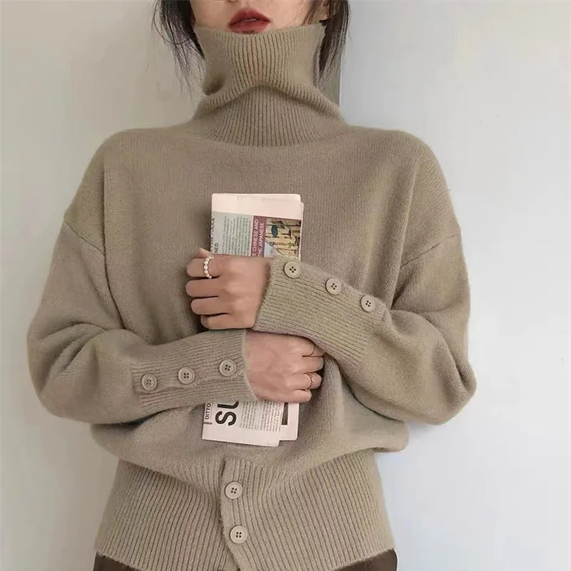 

Women Autumn Knitted Turtleneck Sweater Pullovers Casual Elegant Elastic Hem Single Breasted Buttons Cuffs Pullovers Jumpers Top