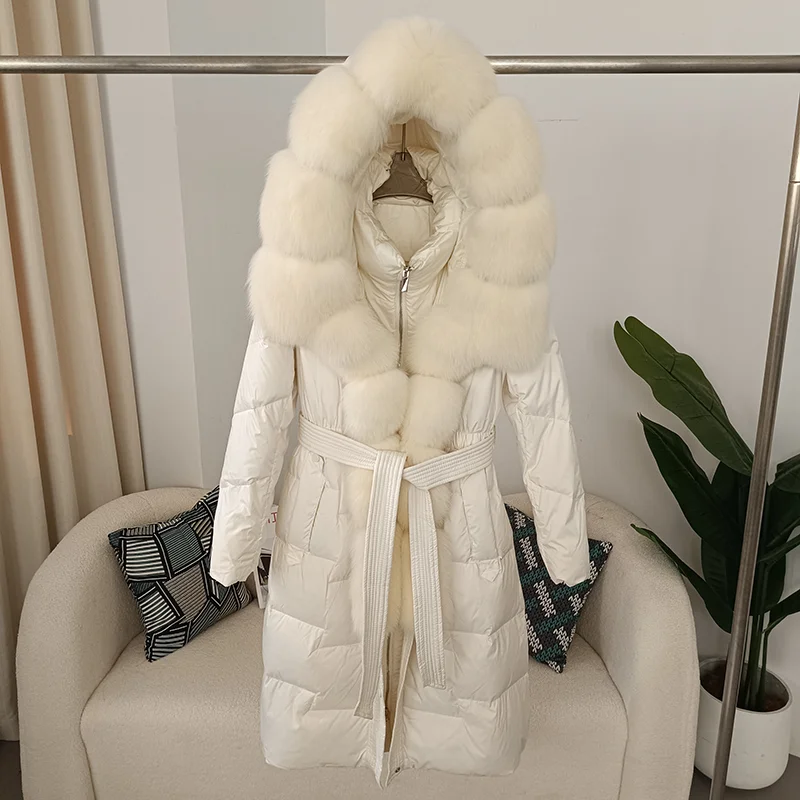 2023 New Real Fox Fur Collar Winter Women White Duck Down Long Jacket Belt Female Thick Warm Coat Luxury Slim Hooded Outerwear