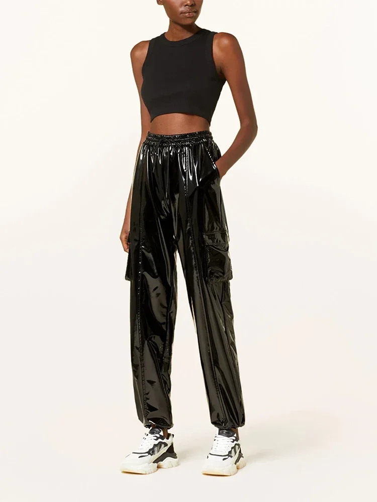 Women High Waist Shiny Faux Latex Cargo Pants Ladies Chic Patent Leather Drawstring Elastic PU Lantern Trousers New Hot Custom