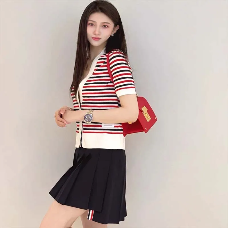 

Summer New Contrast Striped V-neck Knitted Cardigan Women's Vintage Casual Short Sleeve Tops Korean Style Loose T-shirt