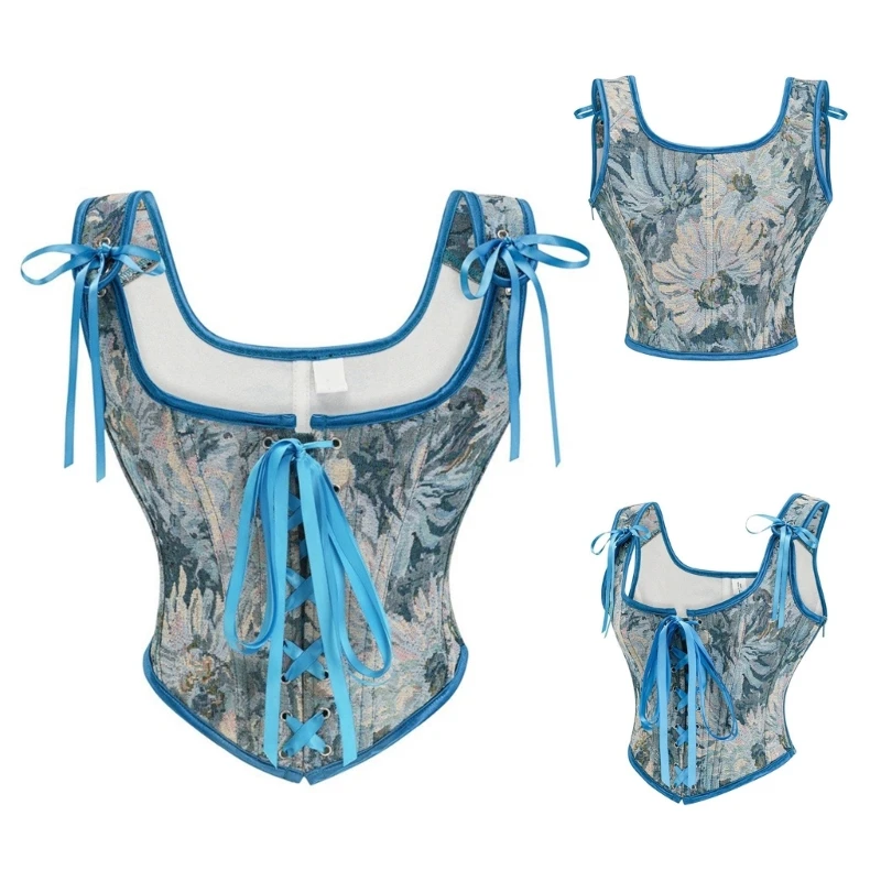 Women Sexy Cropped Tube Top Painterly Jacquard Corset Bustiers Shapewear Push Up Corset Ribbon Painterly