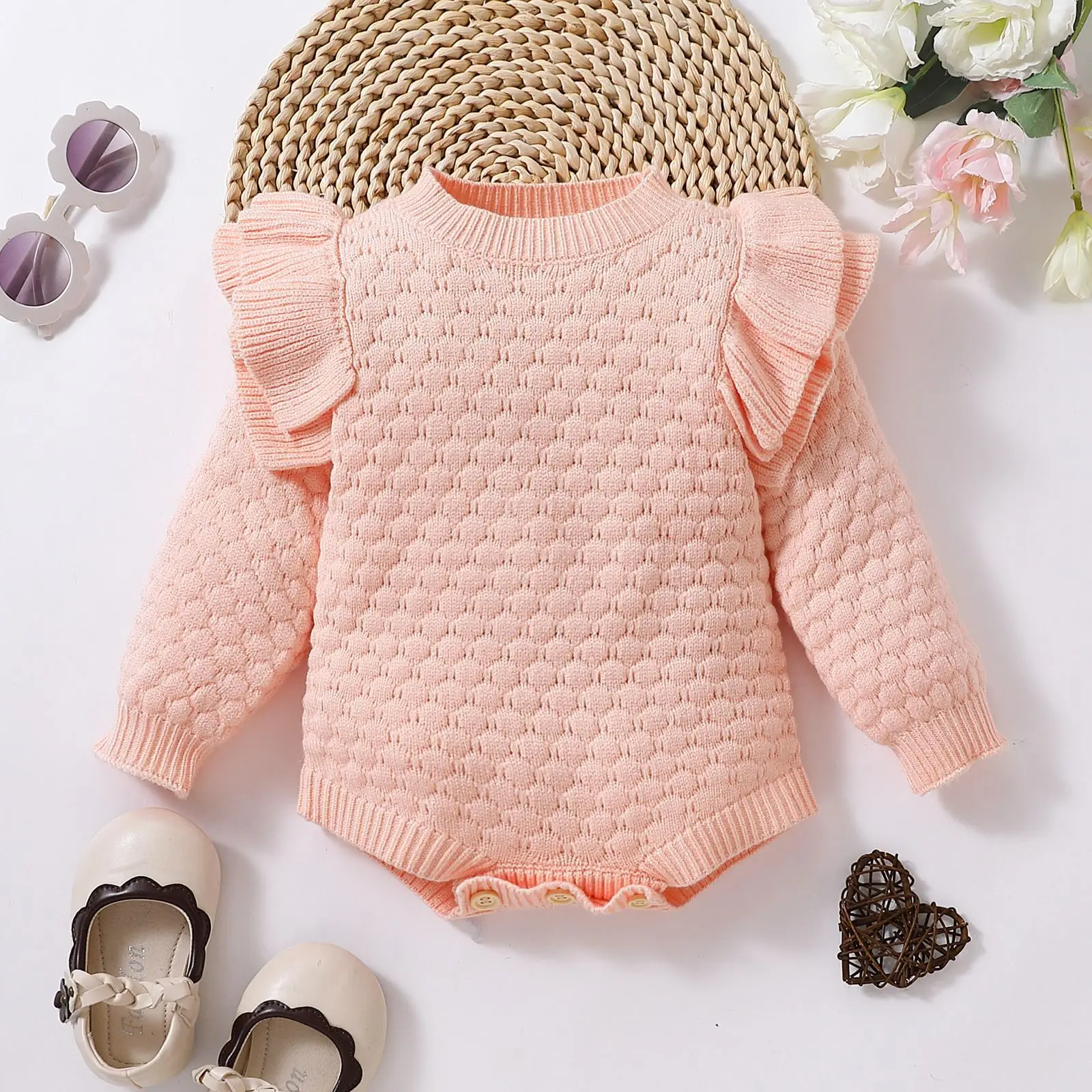

2026 Spring Toddler Girls Bodysuits Solid Color Knited Newborn Girls Jumpsuits Rhombus Jacquard Kids Baby Girls Rompers Overalls