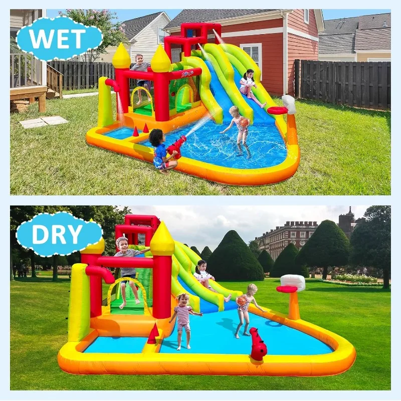 Inflatable Water Slide, Castle Bounce House with Slides, Prak with Air Blower, Splash Pool,Climbing Wall, Outdoor for Kids