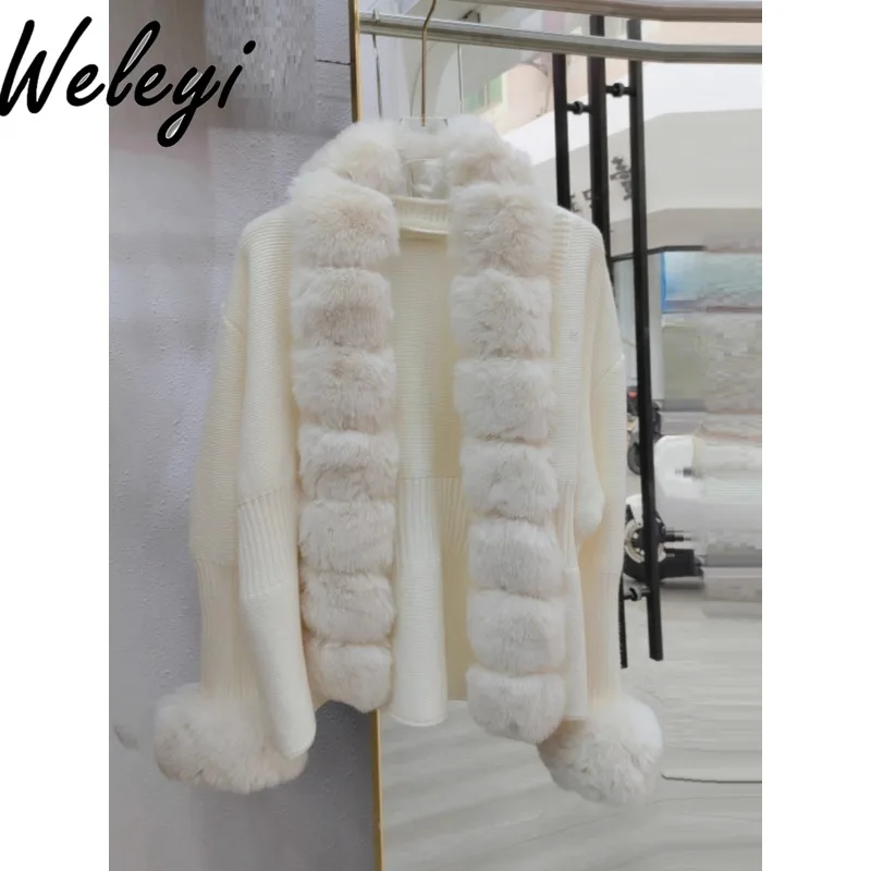 Winter Women's Knitted Shawl Cape Coat 2024 Autumn New Fashion Warm Furry Fur Collar Removable Cloak Sweater Cardigans Female