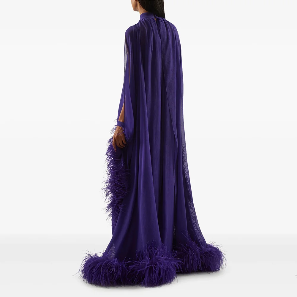 Simple Evening Dresses High Collar Feather Long Sleeves Evening Gowns Elegant Floor Length Prom Dresses Customized 2026