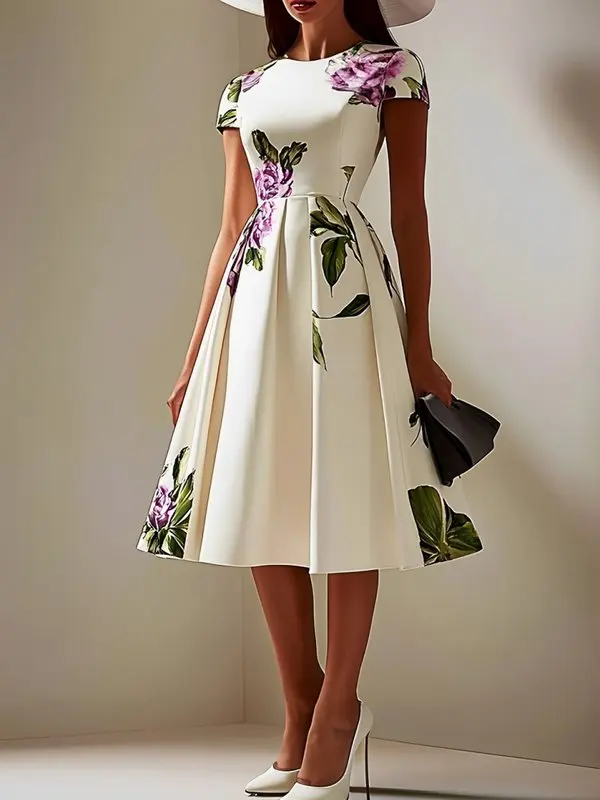 Modigirl 2025 New Woman Flower Print Midi Dresses Summer Skinny Stand Collar Elegant Vintage Romantic Evening Dress for Women