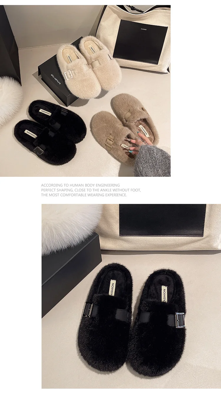 Weiche Teddyfell-Mule-Clogs für Damen, warme Plüsch-Slides für den Winter, flauschige Boken-Schuhe im Markendesign – Detail 17