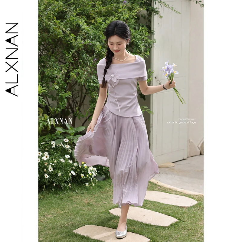 ALXNAN Gonna viola taglie forti Elegante gonne a trapezio lunghe a pieghe Tendenza 2025 Moda casual Vacanza Spiaggia Abbigliamento femminile D10176