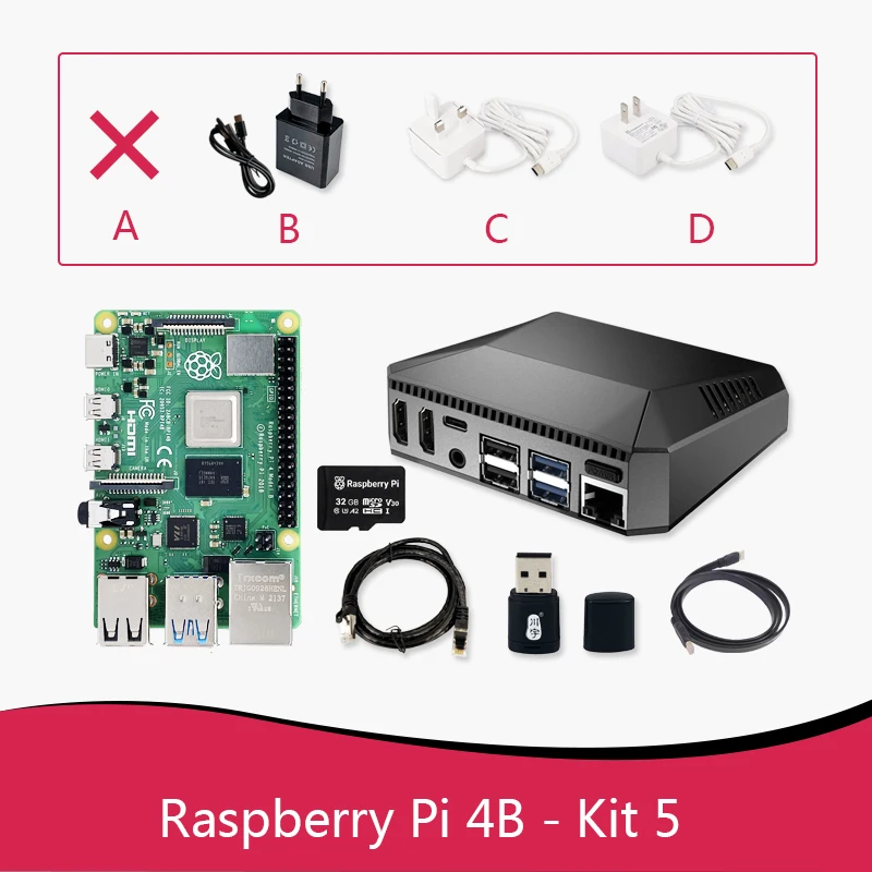 Raspberry Pi 4 Kit 5,6 (металлический чехол + вентилятор + SD-карта 32 ГБ + питание + кабель Micro), плата PI 4B ARM 1 ГБ, 2 ГБ, 4 ГБ, 8 Гб быстрее, чем 3B +