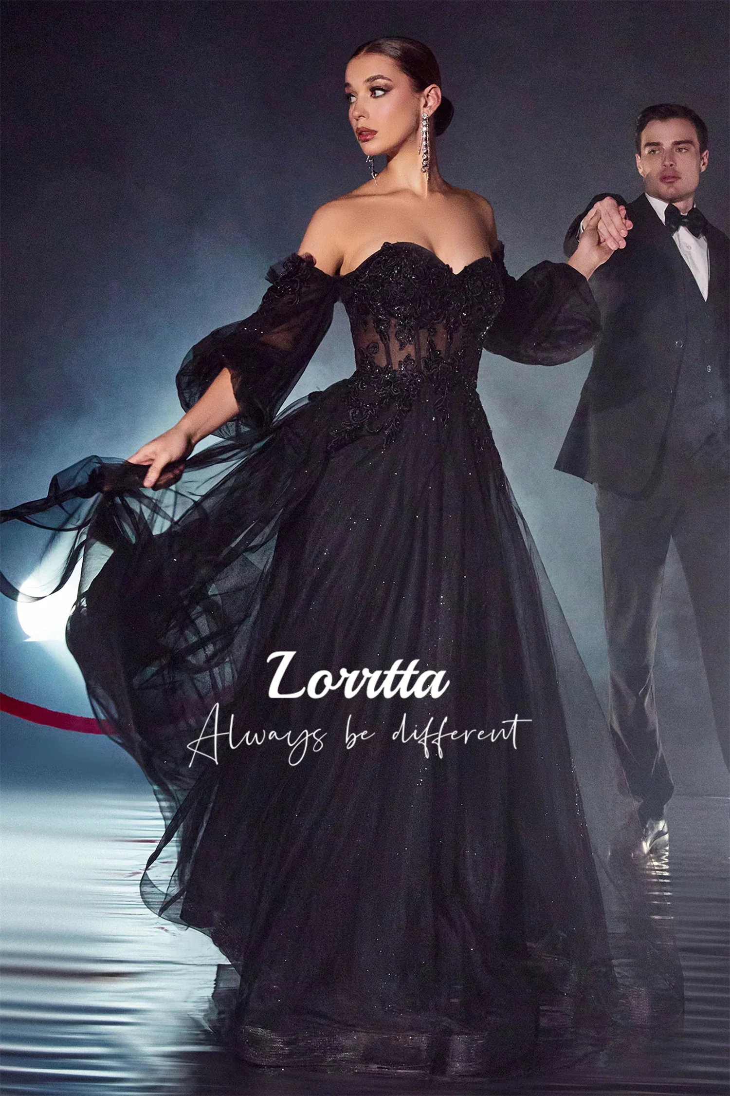 

Lorrtta Glitter Puff Sleeve Ball Gown Black Gothic Wedding Dress A Line Party Dress Sexy Lace Appliqué فساتين الحفلات السهرة