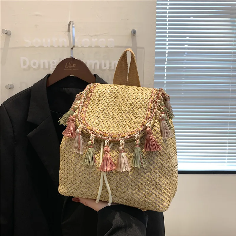 Women Straw Shoulder Backpack with Tassel Boho Summer Beach Leather Woven Bucket Purse School Bag Holiday Ladies Girl Daypack