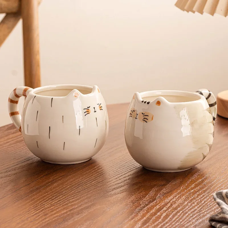 Cute 3D Cartoon Cat Ceramic Mug Kawaii Animal Porcelain Coffee Cup Striped Tail Handle Water Cup Home Drinkware Gift