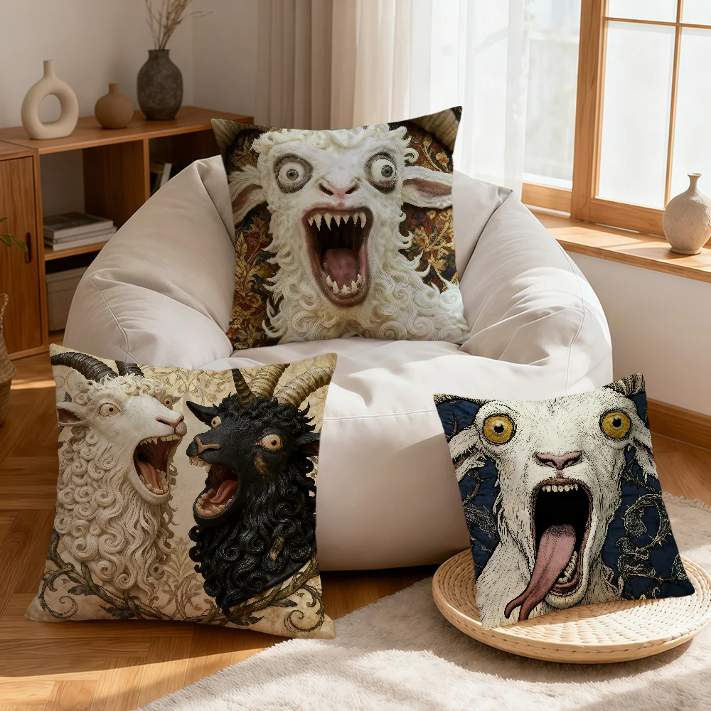 1PC Screaming Goat Sheep Embroidered Style Printed Pillow Cover Short Plush Polyester Cushion Case Animal Pillowcase Home Decor