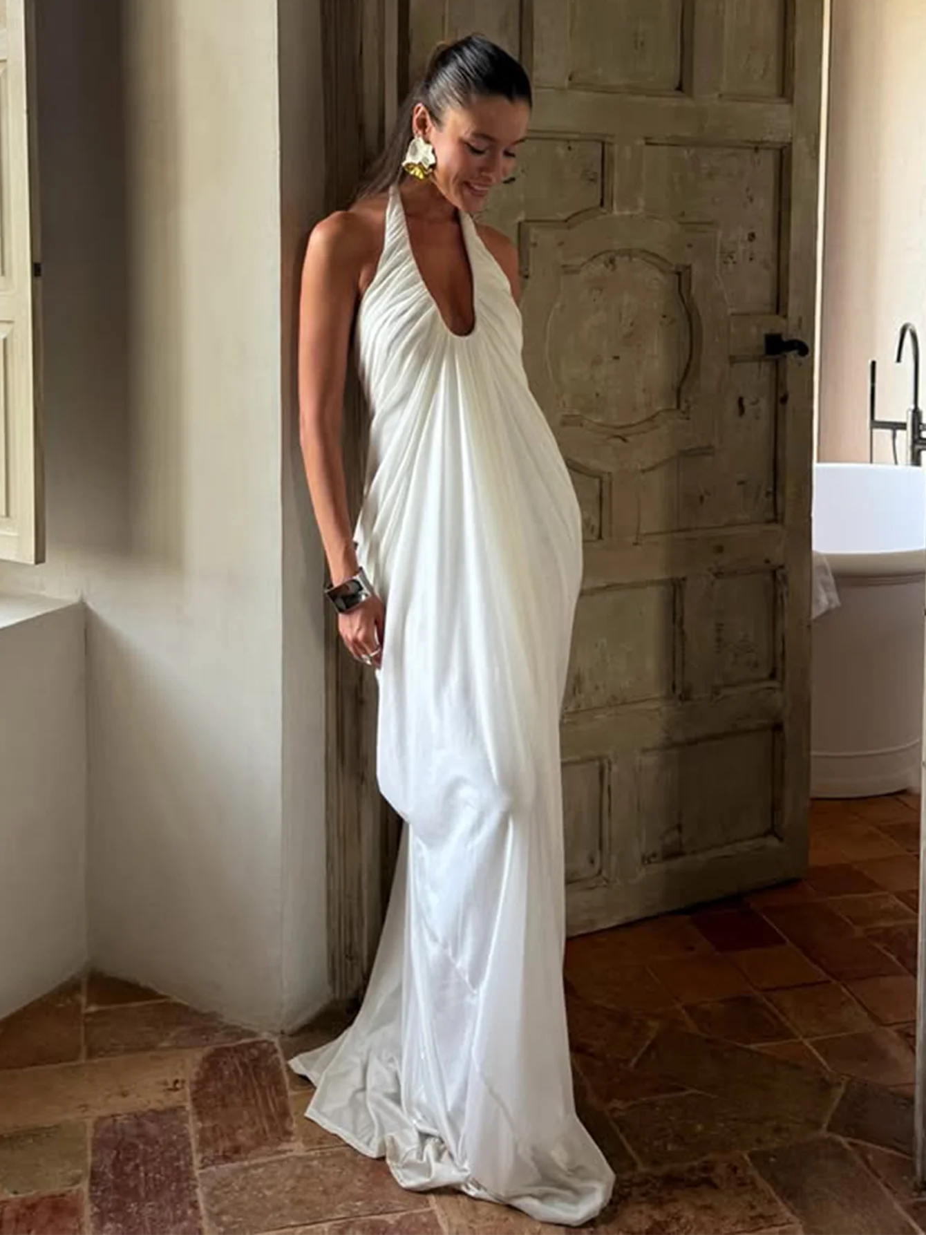 Hugcitar Damen-Maxikleid, modisch, einfarbig, Neckholder, ärmellos, gerüscht, rückenfrei, sexy, Sommer- und Frühlingskleidung, Geburtstagsfeier, Urlaub