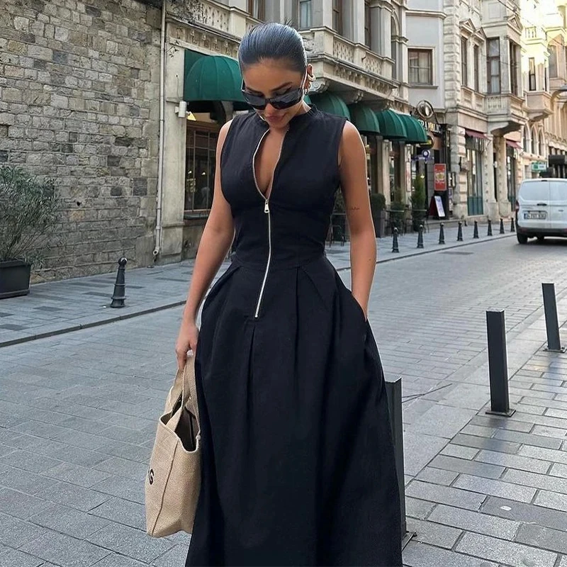 Y2k Sleeveless Spliced Zipper Maxi Dress Elegant V-neck High Waist Slim Pleated Long Dresses Summer Office Lady Street Robes