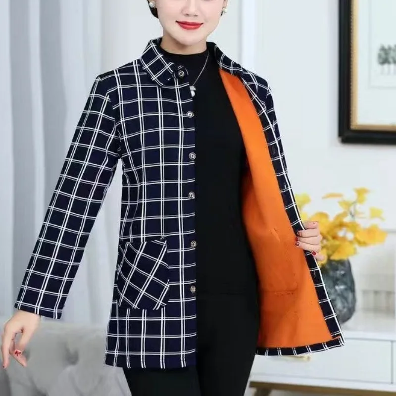 Women's Autumn Winter Long Sleeve Plaid Plus Velvet Shirt Fashion Thick Versatile Elegant Tops Patchwork Pockets Female Clothes