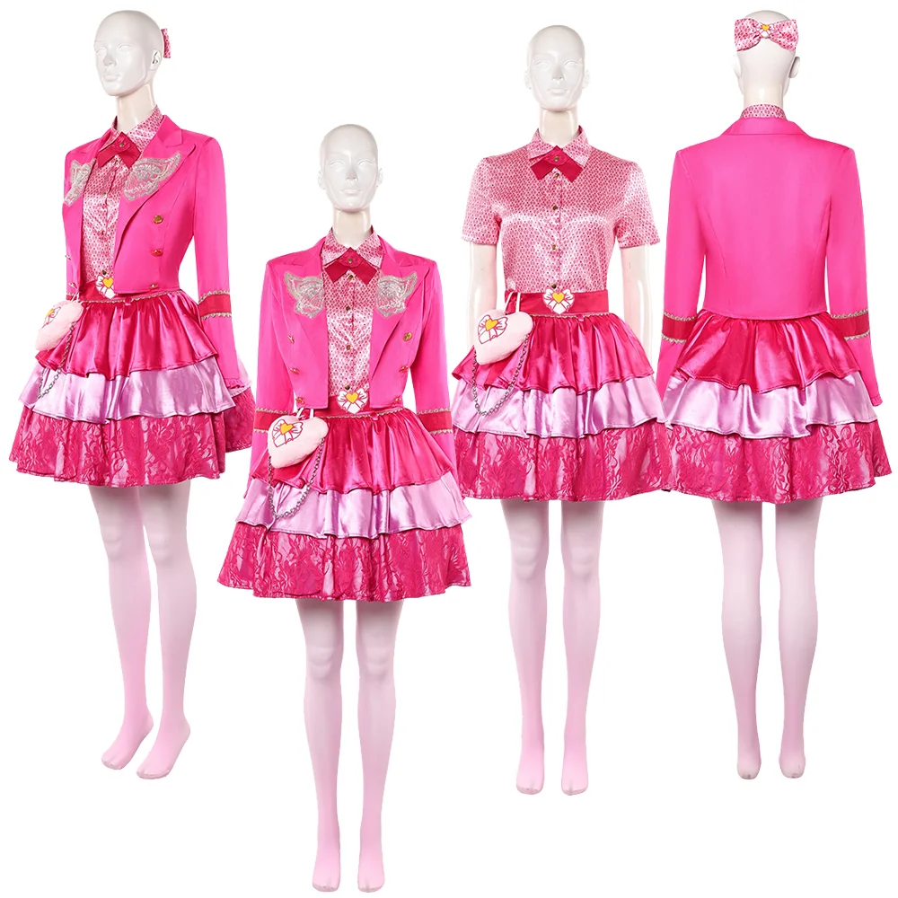 Princess Pink of Hearts Cosplay Descendants Costume Women Blazer Pattern Shirt Ruffle Skirt Heart Bag Tights Hair Bow Halloween