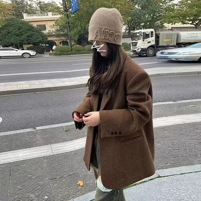 

Женские винтажные элегантные пиджаки, осень-зима, повседневный пиджак на пуговицах с длинными рукавами, женские ретро офисные женские свободные шерстяные пальто