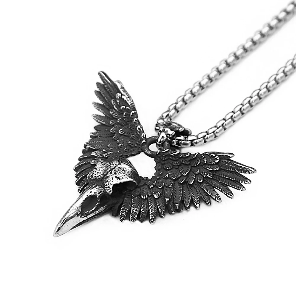 Unique Vintage Black Raven Skull Wing Pendant Necklace for Men Women Stainless Steel Punk Animal Amulet Jewelry Gifts Wholesale