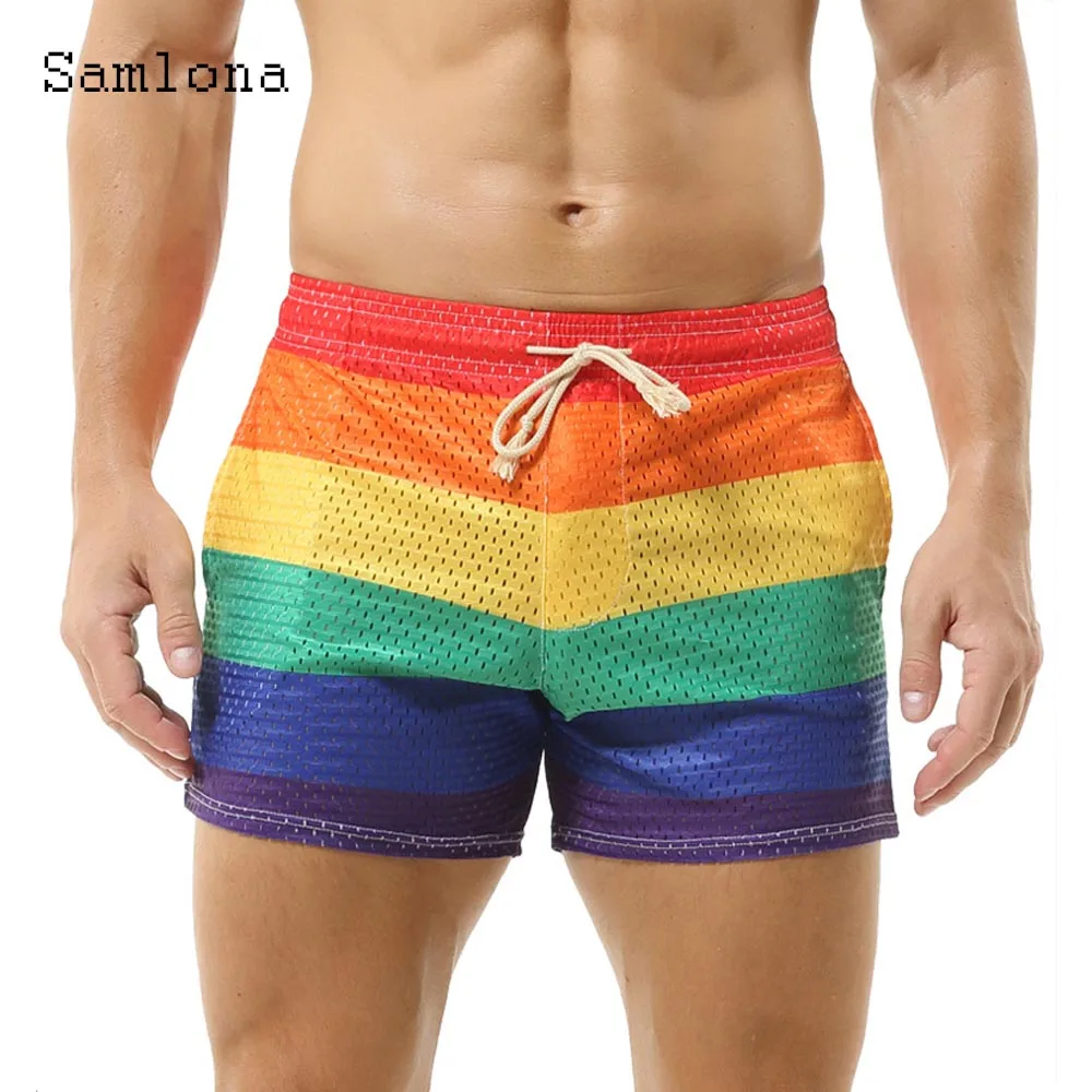2025 جديد الصيف شبكة عادية تشغيل السراويل الرجال مثير قوس قزح مخطط مجلس السراويل الذكور الوقوف جيب اللياقة البدنية الشاطئ سراويل قصيرة