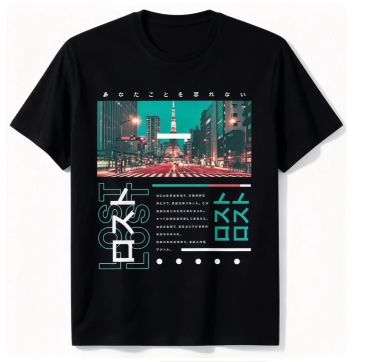 2026 new City Night View Building Graphic Japanese Letter Print Short Sleeve Tees Loose Crew Neck Black Streetwear Tops For Male