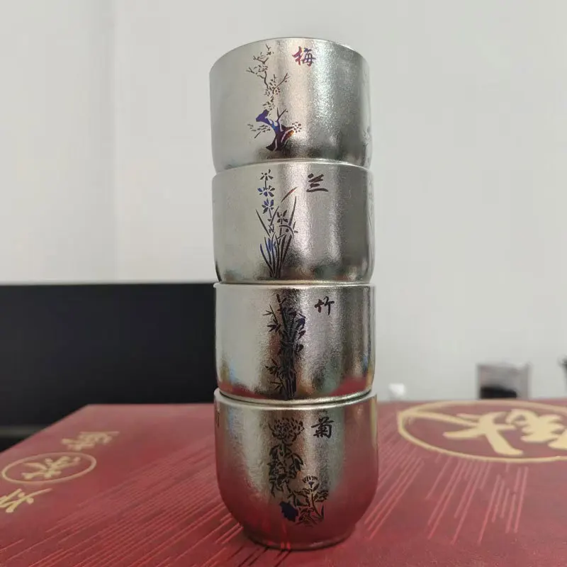 60/100ml Pure Titanium kung Fu Tea Cup,Double Layer,Heat Proof,Chinese Style,High Temperature Crystallization,Portable Water upC