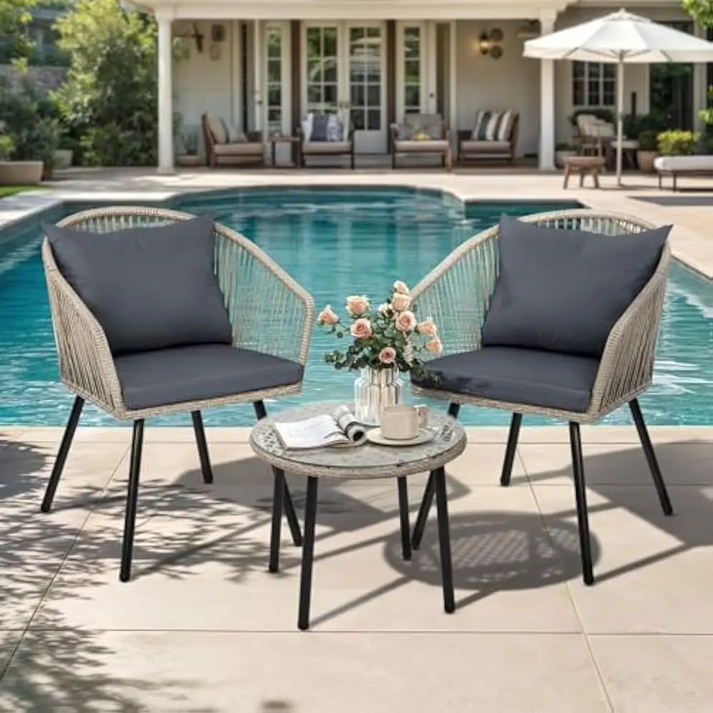 

Bistro Table and Chairs Set of 2, Outdoor Patio Furniture Set with Cushion Chairs and Glass Table, Front Porch Furniture