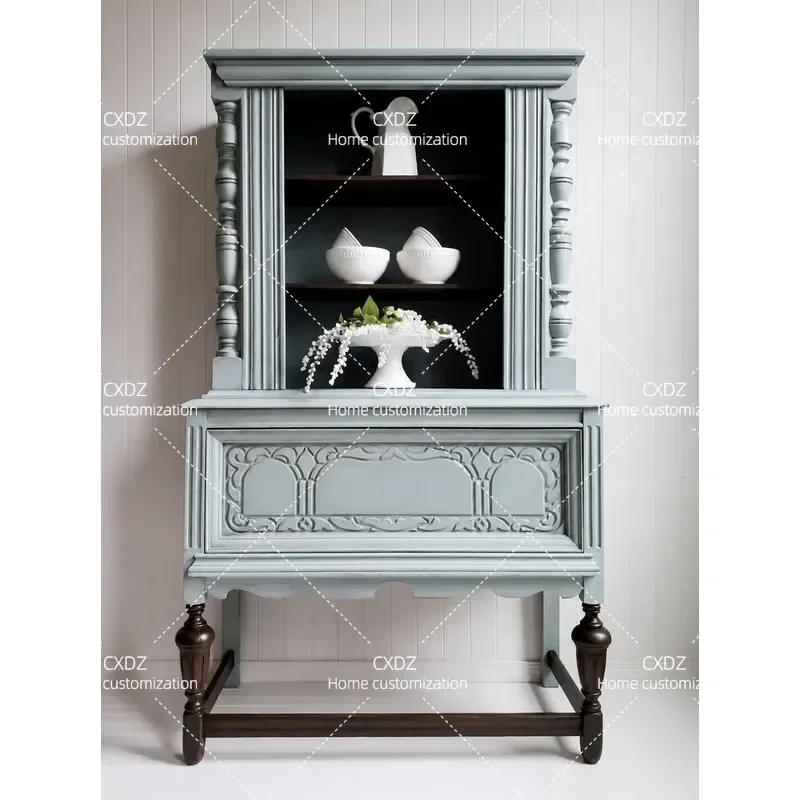 Solid Wood Carved Flower Vertical Wine Cabinet Wall Mounted Sideboard Retro Decorative Storage Locker for Living Room