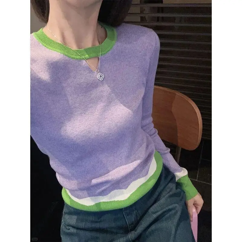 

Purple knitwear Women's Clothing new model Slimming fashion Spring autumn top Pullover Knitwears long sleeves Crop Tops