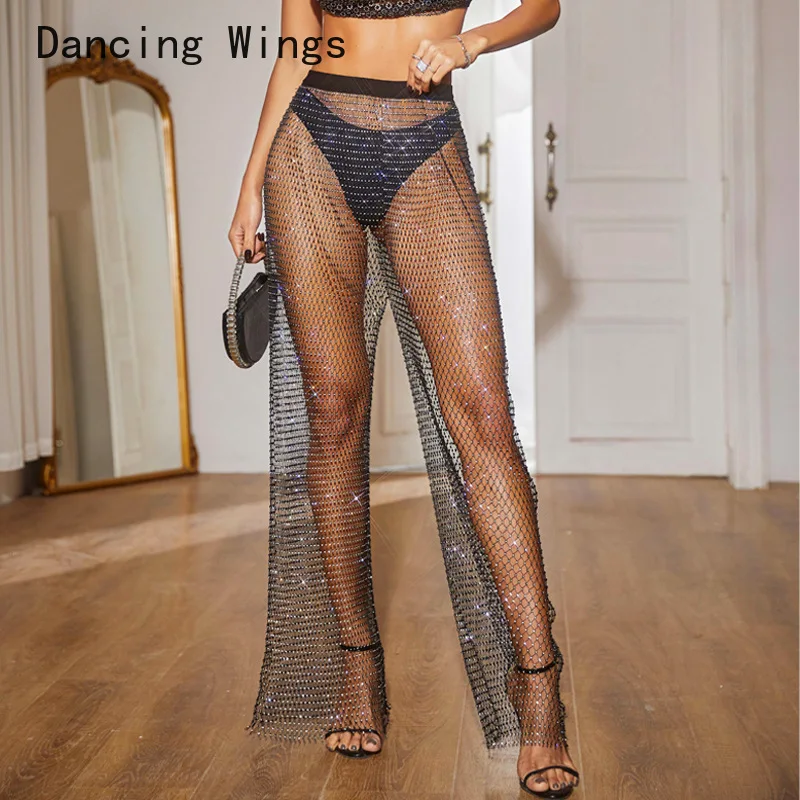 

Crystal Diamond Wide Leg Pants Womens Pants Fashion 2024 Beach Sexy Fishnet Loose Trousers Lady Elegant Long Palazzo Pant