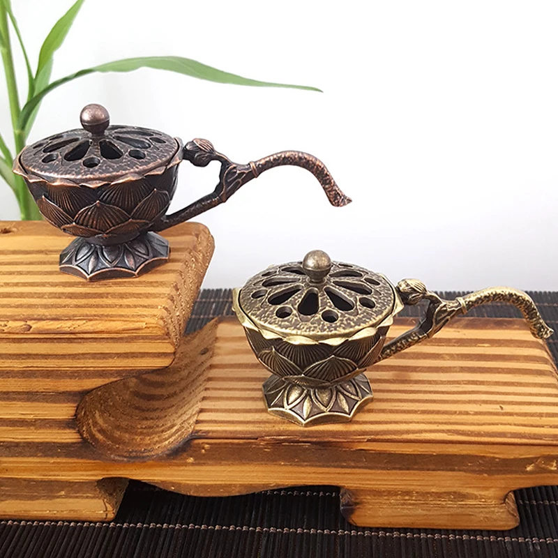 Handheld Lotus Incense Burner Creative Temple Brass Buddhism Buddha Holder Retro Copper Sandalwood Censer Crafts Home Decoration