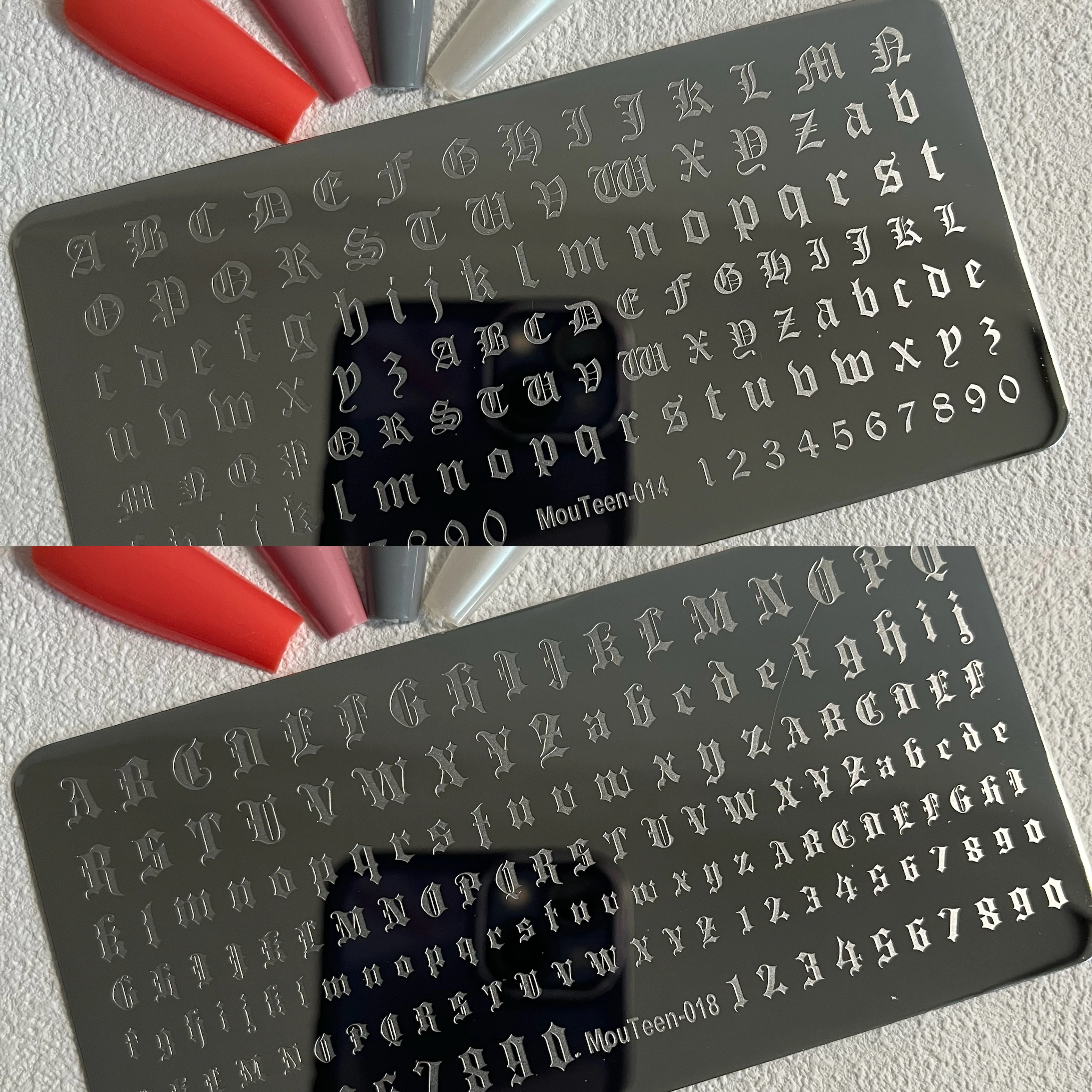 

2Pcs MouTeen014/018 Gothic Alphabet Stamping Plate Stainless Steel Letter Number Nail Art Template for Manicure DIY
