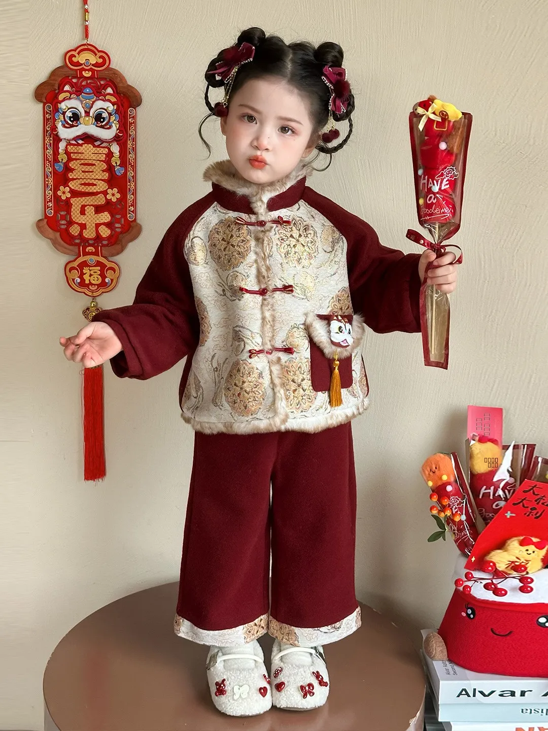 

Утепленный хлопковый детский новогодний костюм для девочек, традиционный китайский наряд для выступлений, комплект для сценических представлений