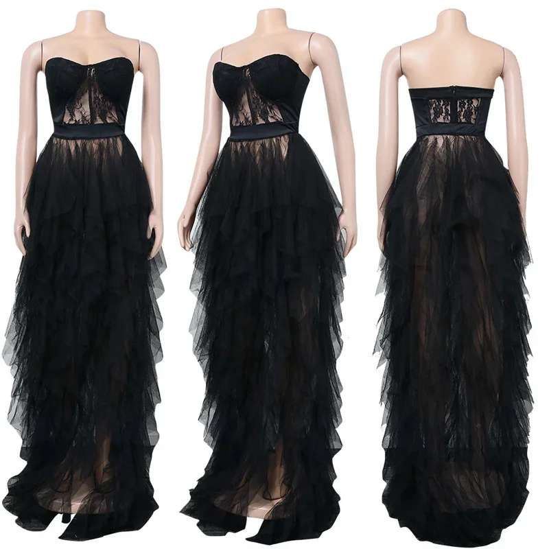 Sexy Tulle Cascading Ruffles Evening Long Dresses for Women Elegant Off Shoulder Strapless Croset Lace Maxi Dress Ball Gown