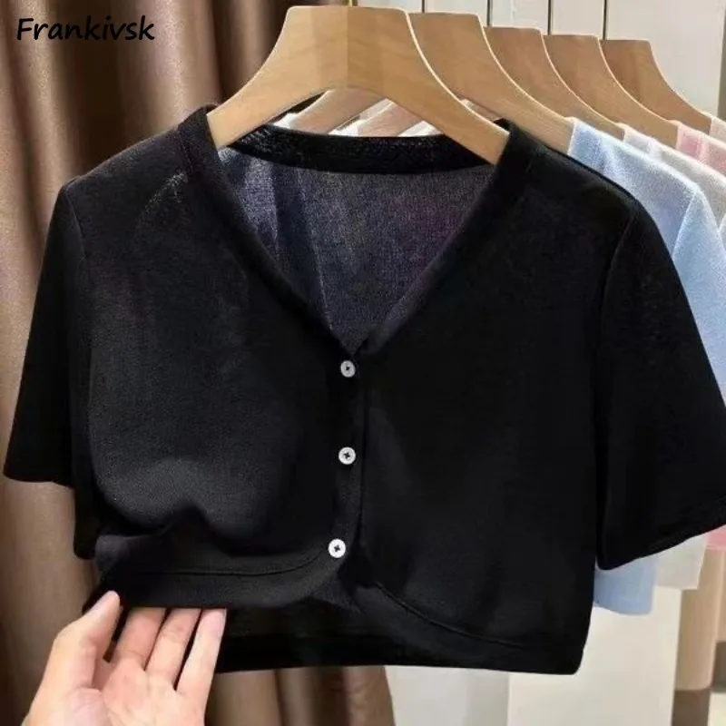 

Elegant Women Shirt Single Breasted Solid Sun-proof Summer Short Sleeve Thin College Casual Outwear Korean Style All-match Cozy