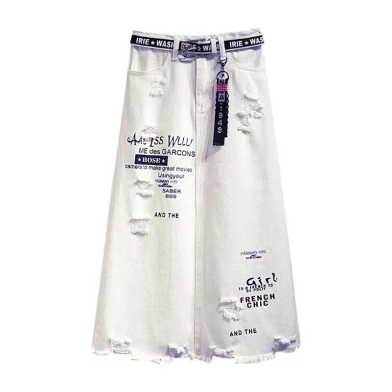 

Spring Autumn Mid-Long Hole Denim Skirt Women 2024 New White High Waist Printing Skirt Fashion Burr Hip One-Step Skirt Female