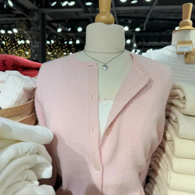 

Cotton Knitwear Casual Simple All-match Sweaters Pink Sweet Knitted Sweater Cardigan Spring O-Neck Single Breasted oat Top