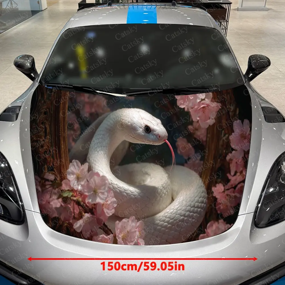 White Snake Hidden in Mirror Car Vinyl Wrap, PVC Waterproof Car Hood Sticker, Self-Adhesive Scratch-Resistant Stickers