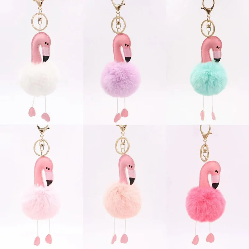 Bohemia Flamingo Charm Car Bag Decoration Keyring Simple Mickey Bow Colorful Plush Ball Pendant Keychain New Jewelry for Women