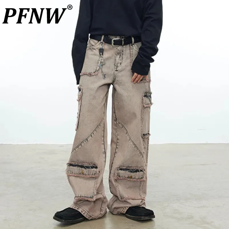 PFNW New Multi Pockets Tassel High Street Jeans Jeans Male Worn Out Denim Pants Rough Selvedge Trousers 2024 Autumn Chic 28W2407