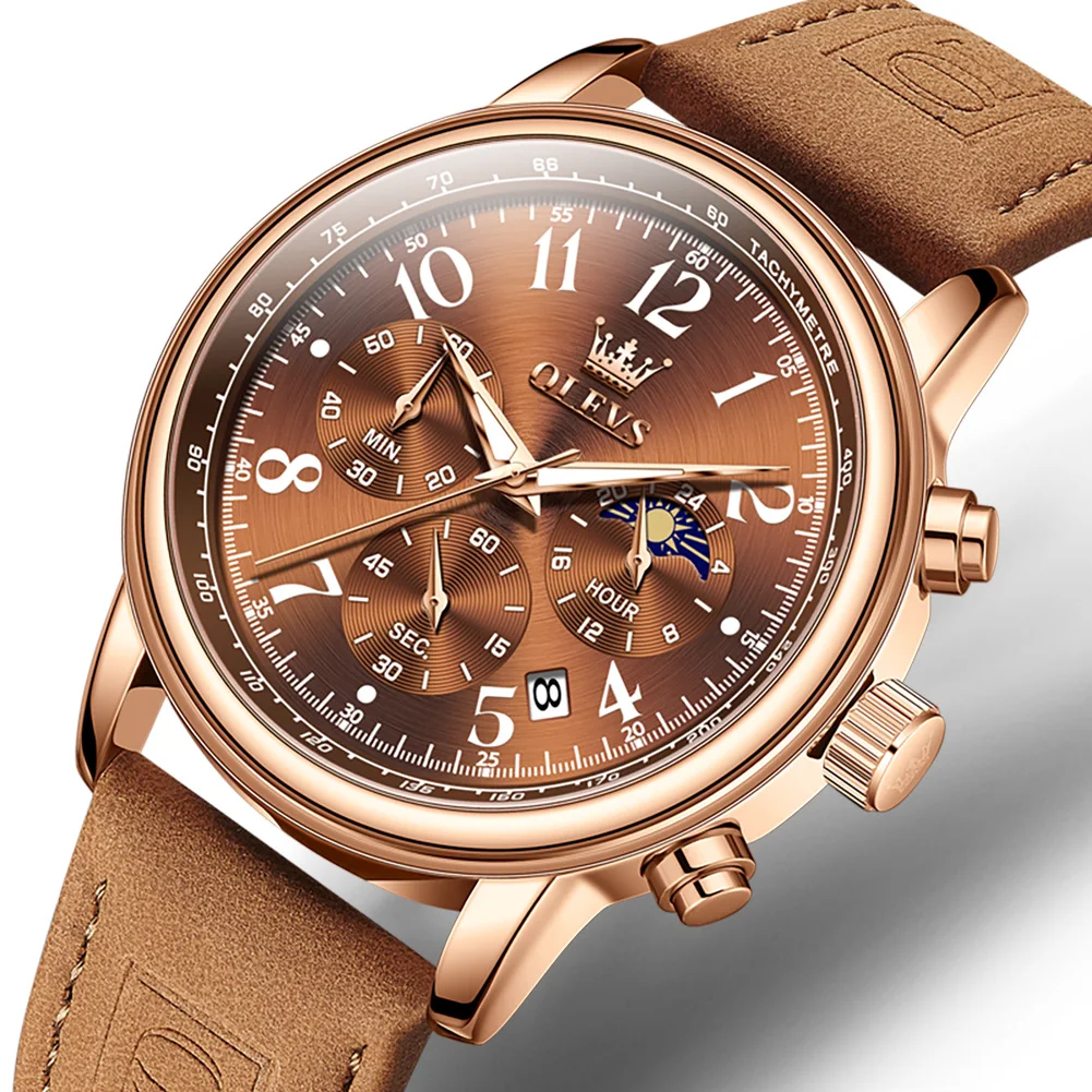 OLEVS Men's Chronograph Watch Moon Phase Date Rose Gold Case Brown Suede Leather Strap Military Sports Waterproof Wristwatch
