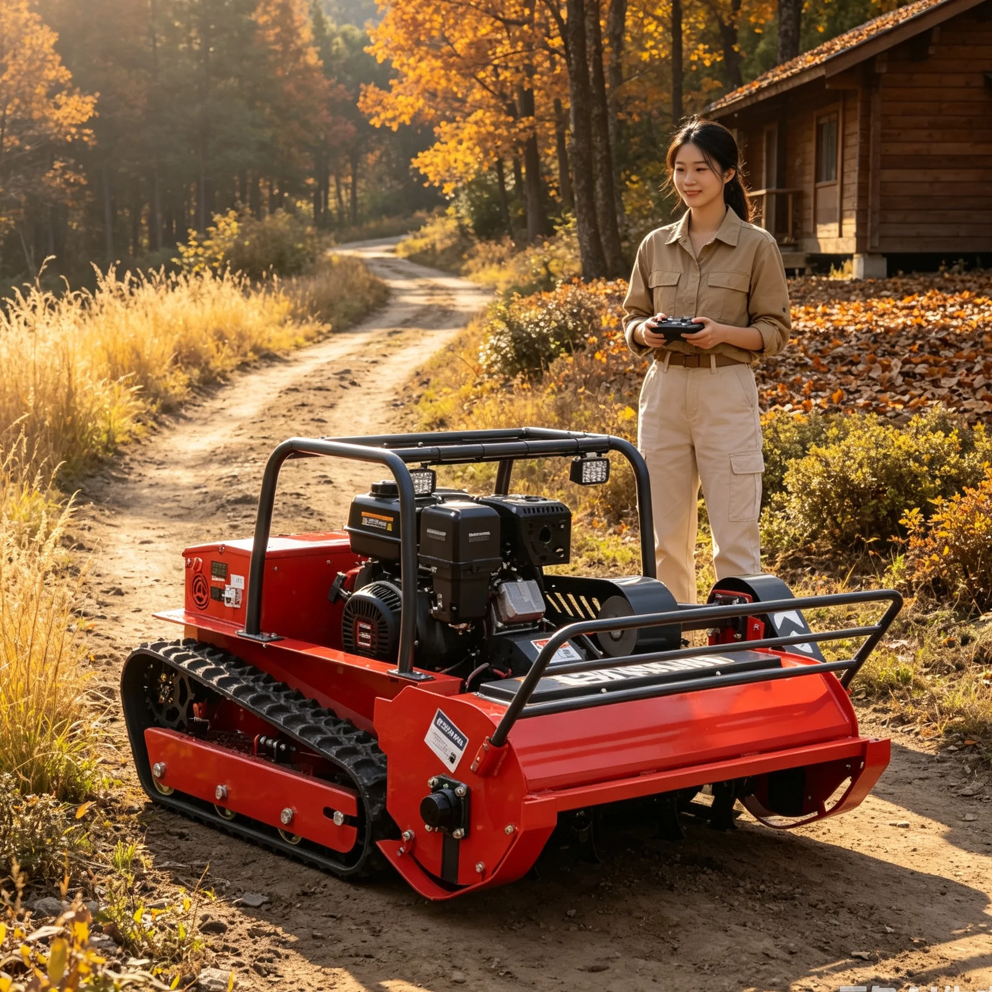 Customized Red Robotic Self‑Propelled Lawn Mower, Balanced Weight Distribution, Avoid Tipping On Uneven Sloped Ground