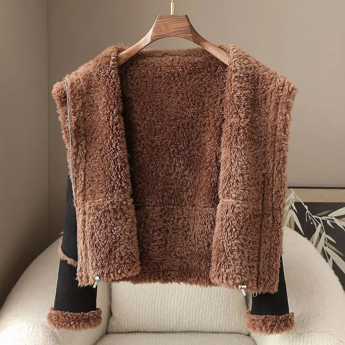 2025 Otoño/Invierno nuevo abrigo de piel de alta calidad para mujer 100% lana granular cuello levantado aspecto adelgazante Top