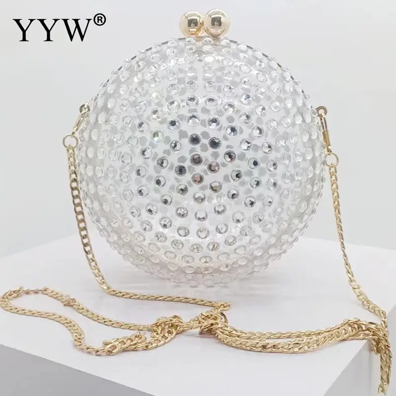 INS Fashion Transparent Acrylic Round Clutch Handbag Shiny Rhinestone Lady Evening Bag Box Metal Chain Crossbody Messenger Purse