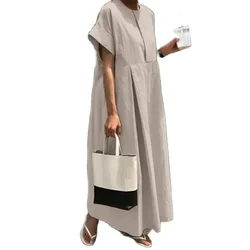 Women Elegant Commuter Solid Color Dresses Simple Style Loose Cotton Linen Dress Summer O Neck Short Sleeve Casual Female Frock
