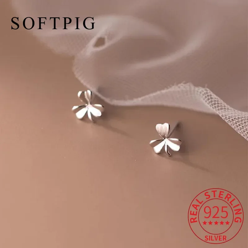 

SOFTPIG настоящее серебро 925 пробы золото 18 карат мини-серьги-гвоздики с растительным клевером для женщин классические ювелирные изделия аксессуары для пирсинга
