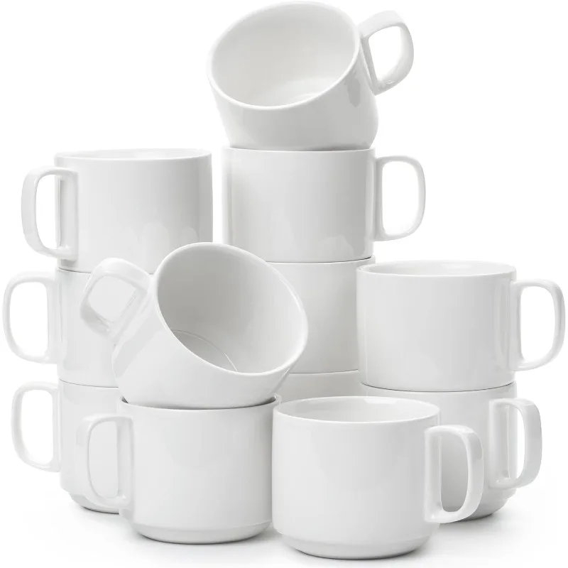 

BTaT- Stackable Coffee Mugs, White, 12 Pack, 12 Oz (350 ml), Porcelain Coffee Mugs, Stackable Mugs, Stacking Mugs