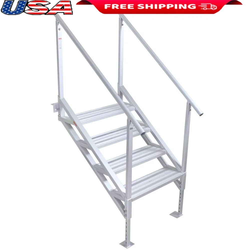 

Jumbo-Tread Universal Dock Stairs 4-Step Aluminum Construction Adjustable Legs Safety Railing Non-Slip Traction Kids Adults Pets