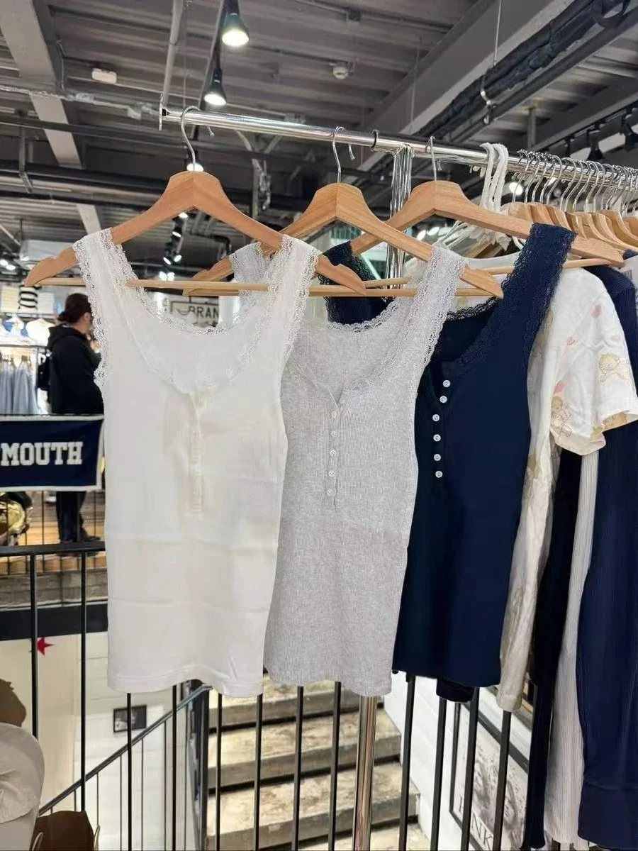 

Однотонная ребристая майка с кружевной отделкой для женщин, весенние пуговицы, U-образный воротник, тонкие майки без рукавов, простой хлопковый базовый жилет, милые топы Y2k