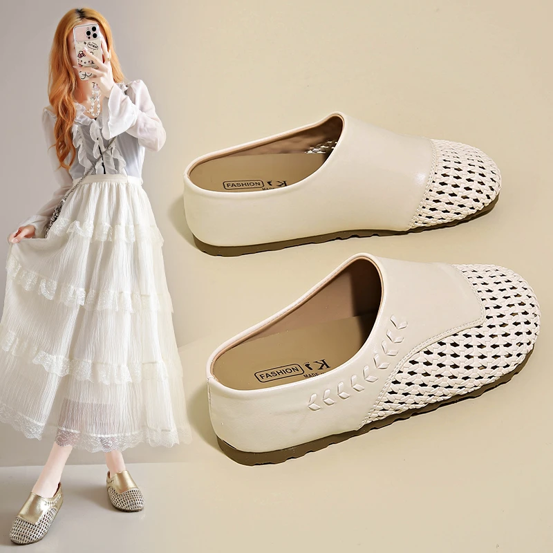 

Тапочки с открытым носком во французском стиле, римские сетчатые туфли, женские сандалии наклонном каблуке, обувь для отдыха с резиновой подошвой